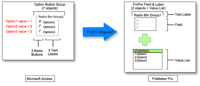 Access to FileMaker Pro radio button/checkbox group conversion