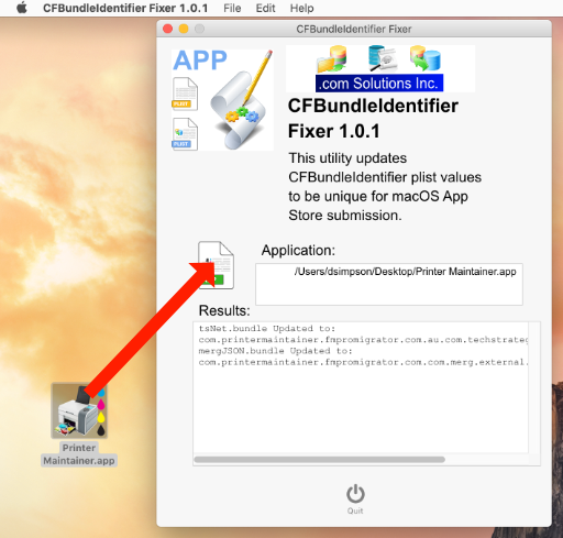 CFBundleIdentifer Fixer - Drag & Drop Application File. First Time Processing Results.