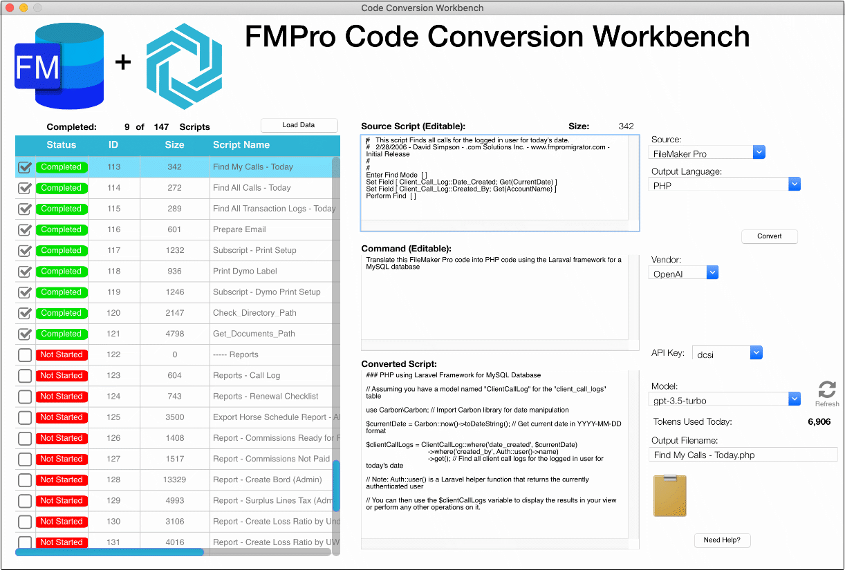 Code Conversion Workbench - FileMaker Pro to PHP Conversion