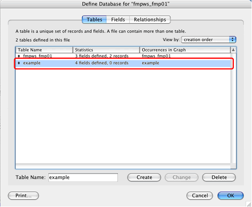 [Figure 40 - New Table Shown in FileMaker 7] 